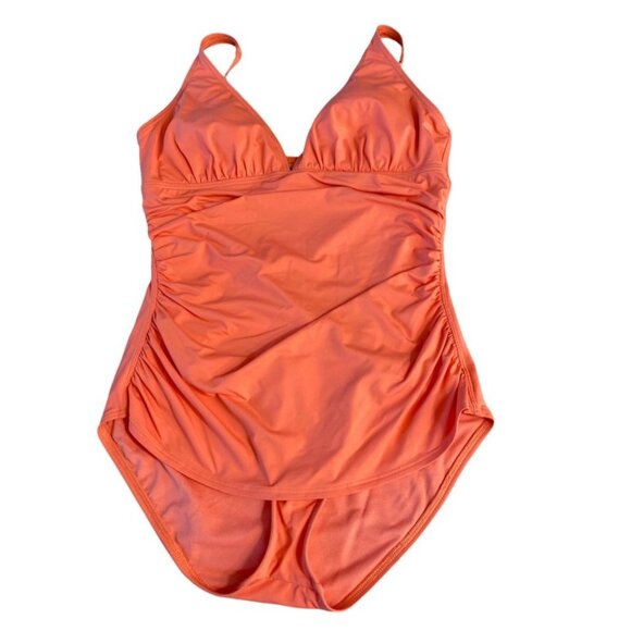 Tommy Bahama Pearl Over-the-Shoulder V-Neck One-Piece Swimsuit in Coral Size 16 - Picture 3 of 10